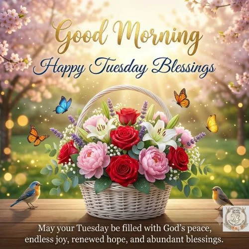 Beautiful Good Morning Tuesday Blessings image featuring a basket of colorful flowers, butterflies, golden sunrise, and an inspirational Tuesday blessing with quotes and prayers.