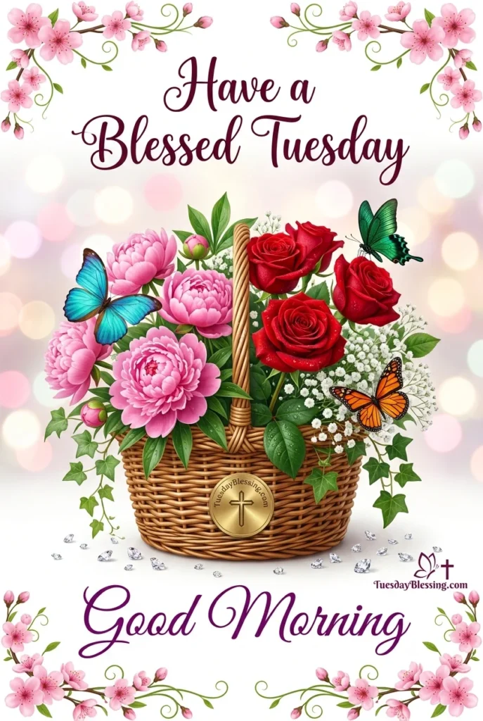Beautiful floral Tuesday greeting card with a basket of red roses, colorful butterflies, pink flowers, and “Have a Blessed Tuesday Good Morning” message.